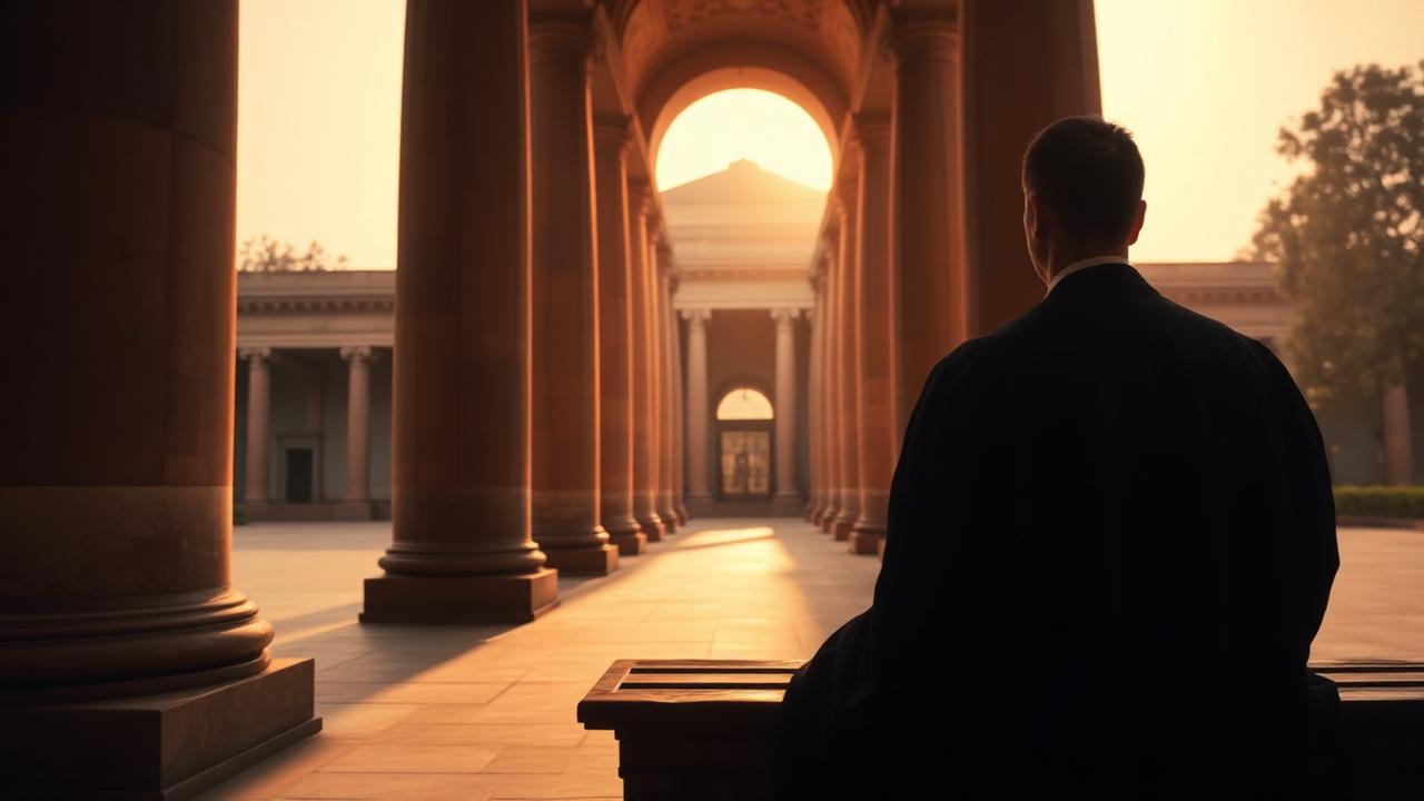 Imposing Delhi High Court colonial sandstone columns and arched corridor in early morning warm light with an advocate seated in a black robe