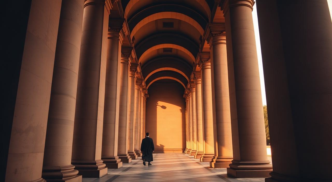 Imposing Delhi High Court colonial sandstone columns and arched corridor in early morning warm light with an advocate seated in a black robe