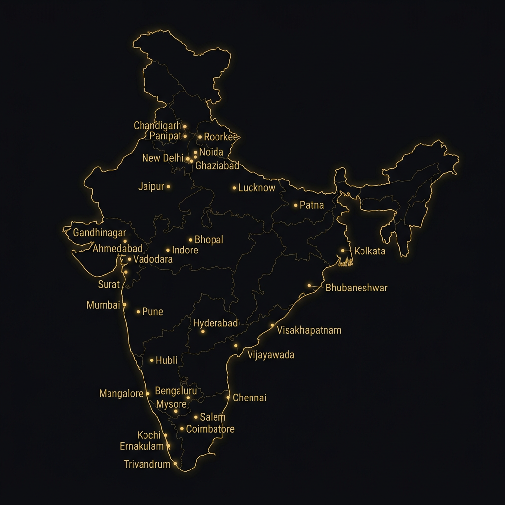 Map of India highlighting cities where Shield Law Firm has handled matters — Delhi, Mumbai, Bengaluru, Chennai, Kochi, Hyderabad and more