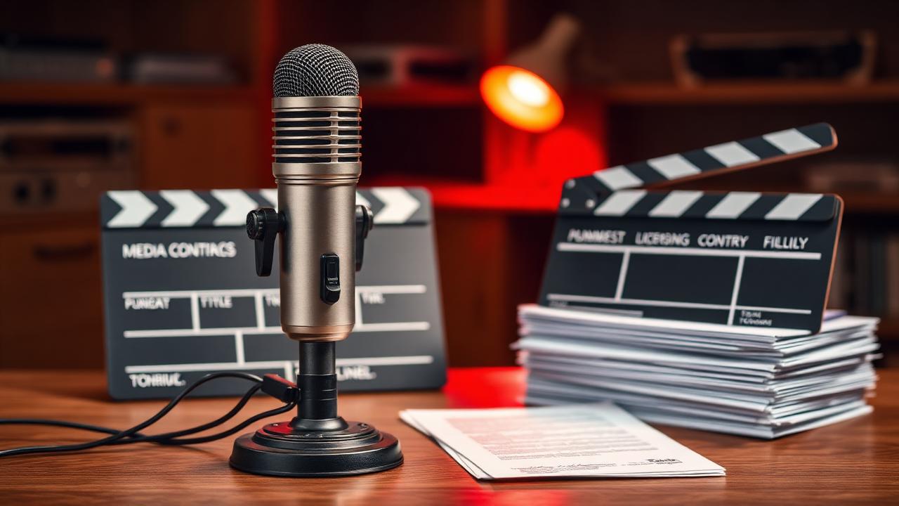 Vintage broadcast microphone on a wooden desk beside a film clapperboard and a stack of media licensing contracts under warm studio lighting