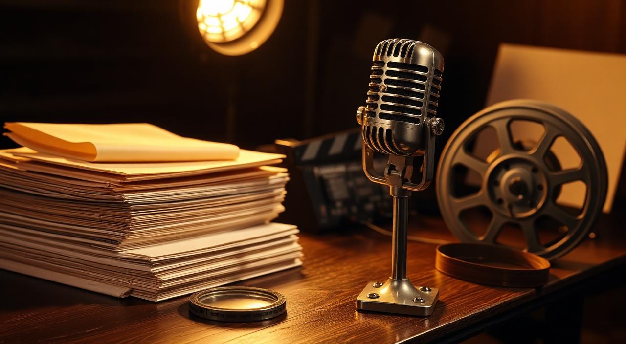 Vintage chrome broadcast microphone on a dark wood desk beside a stack of unmarked folders and a film reel under warm studio tungsten lighting