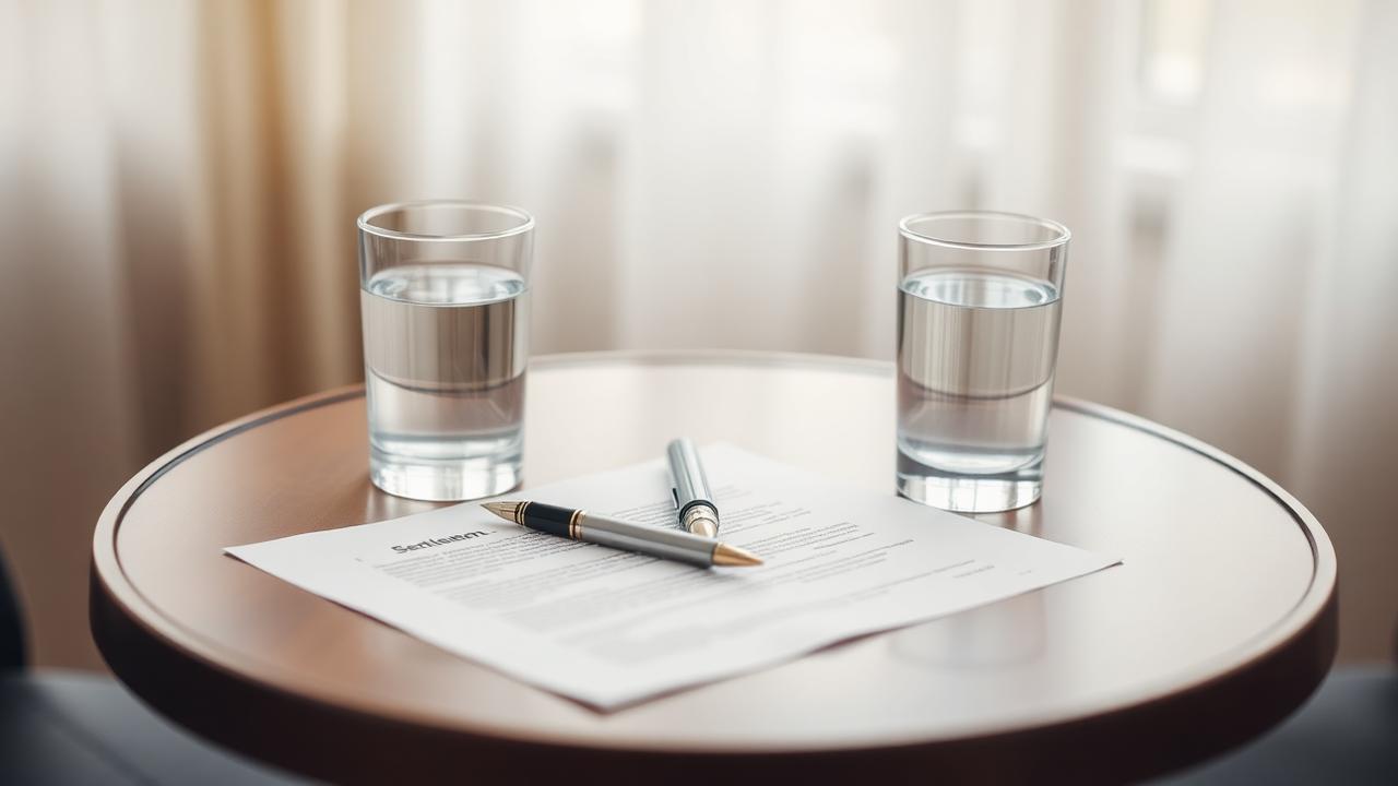 Round mediation table with two glass tumblers of water facing each other and a fountain pen resting on a settlement document in soft daylight