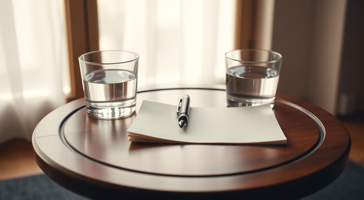 Round mediation table with two glass tumblers of water facing each other and a fountain pen resting on a settlement document in soft daylight