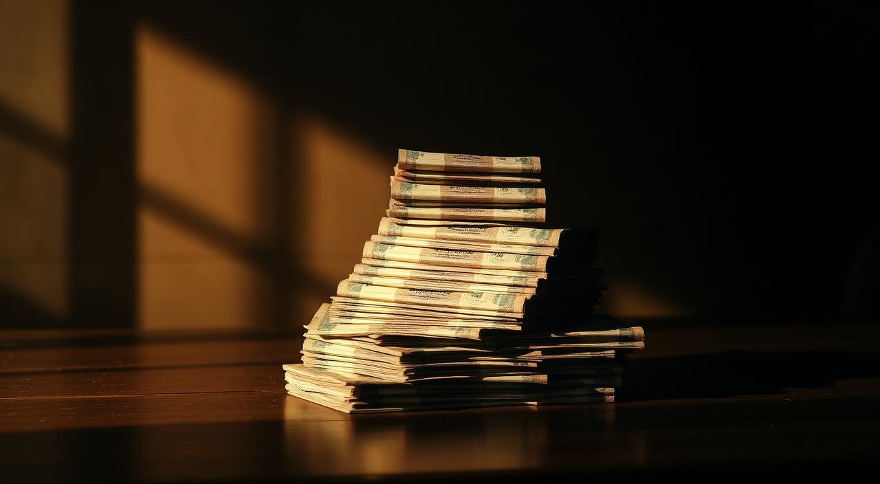 Hand-drawn pyramid scheme organisational chart with bundles of Indian rupee 500 notes on a wooden desk
