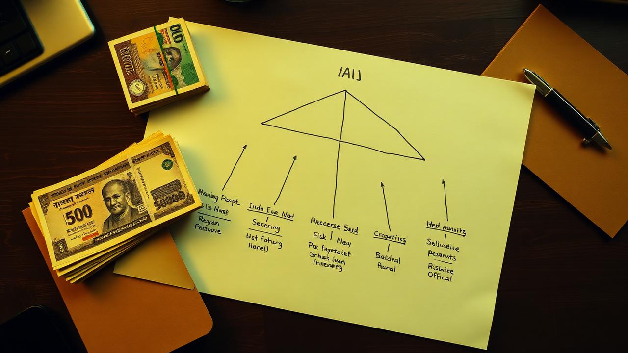 Hand-drawn pyramid scheme organisational chart with bundles of Indian rupee 500 notes on a wooden desk