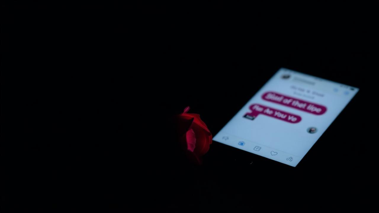 Smartphone screen glowing in darkness showing a blurred chat conversation beside a single wilted red rose on a dark wood surface