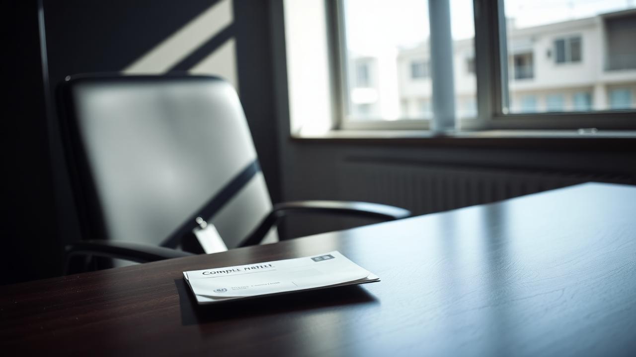 Empty office chair pushed back from a desk with a sealed complaint envelope on the surface in soft directional window light