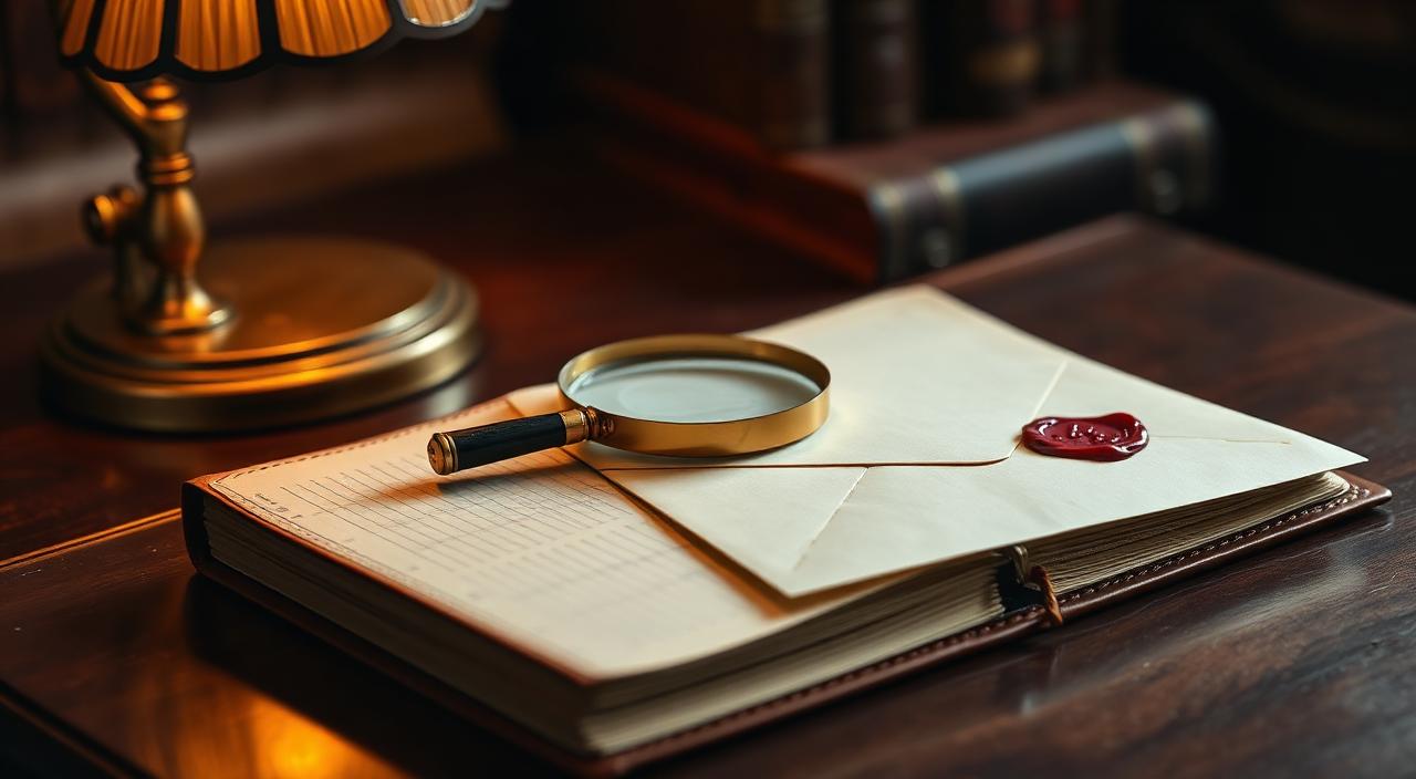 Open forensic accounting ledger with a brass magnifying glass and a wax-sealed Enforcement Directorate envelope