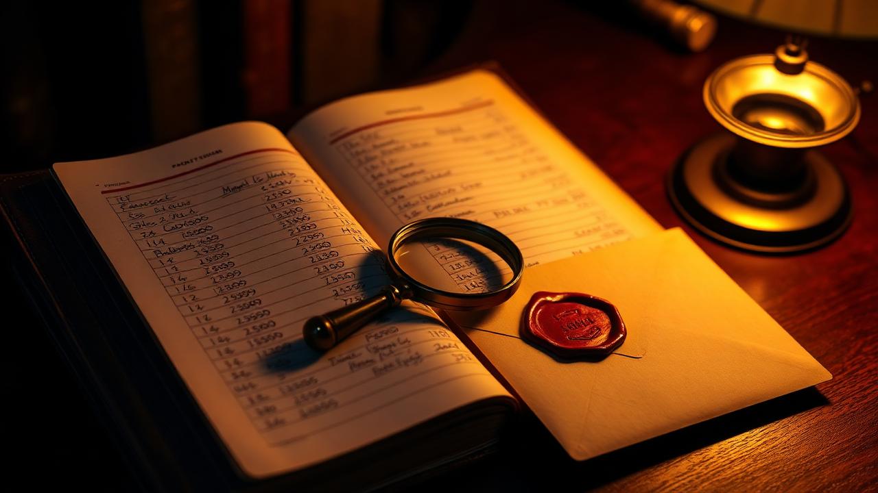 Open forensic accounting ledger with a brass magnifying glass and a wax-sealed Enforcement Directorate envelope