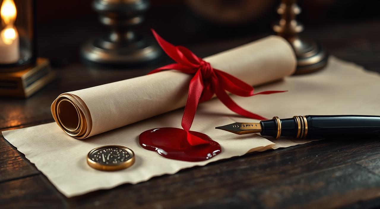 Rolled parchment Will document tied with red ribbon beside a brass wax seal and a pool of red sealing wax on dark wood with an antique fountain pen