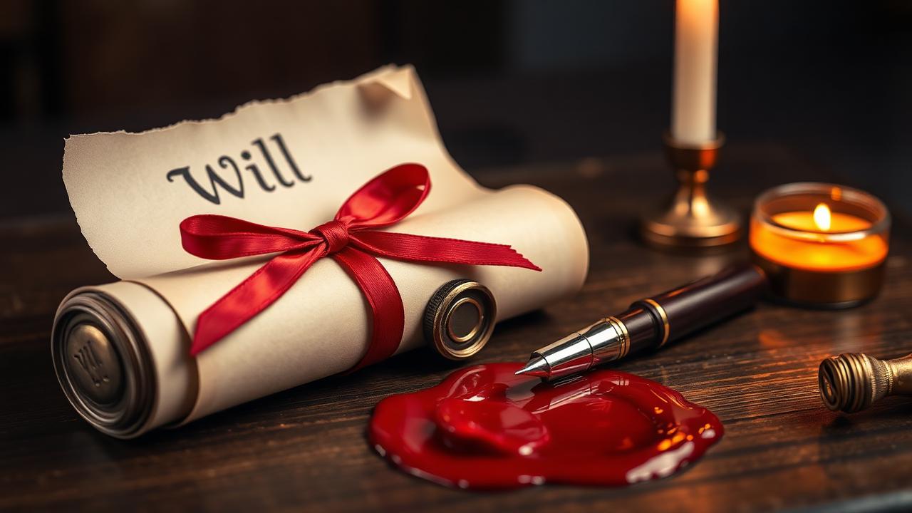 Rolled parchment Will document tied with red ribbon beside a brass wax seal and a pool of red sealing wax on dark wood with an antique fountain pen